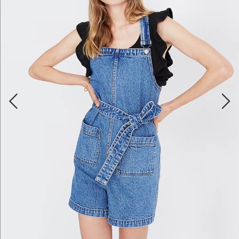 Denim Tie-Waist Patch Pocket Short Overalls